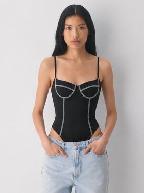 Princess Polly Opposites Attract Contrast Stitch Bodysuit Black NWT US 2